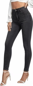 Detail of high waisted black stretch denim jeans featuring button and zip fly closure