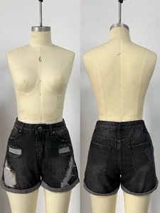 Front and back detail of high-waisted ripped denim shorts with rolled cuffs and washed grey finish