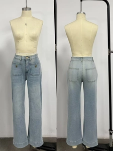 Front and back view of light blue high-waisted wide-leg jeans with double square pockets