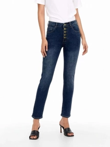 Slim fit high waist women's skinny jeans in dark blue with five button fly closure