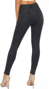 Detail view of high waisted skinny fit dark grey denim jeans with back pocket design