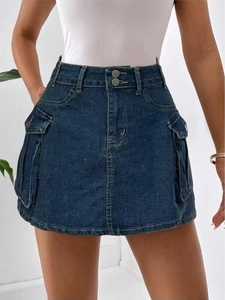 Slim fit high waisted denim cargo skirt with flap pockets and dual metal buttons