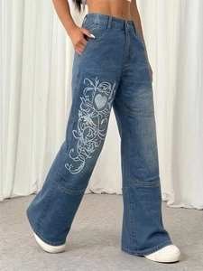 Jean large taille haute bleu délavé pour femme avec motif cœur Y2K et imprimé fluide
