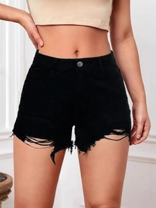 Women High Waist Denim Shorts Distressed Frayed Hem Ripped Raw Edge Washed Cotton Denim Summer Casual Street Shorts