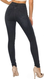 Detail view of high-waisted dark grey skinny jeans with slim fit and rear pockets