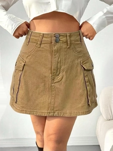 Khaki high-waisted utility denim mini skirt with large cargo pockets and double buttons