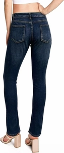 Detail showing high-waisted skinny jeans with dark blue vintage floral jacquard pattern