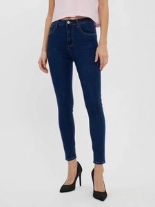 Women's high waist dark blue stretch skinny jeans with contrast orange stitching detail