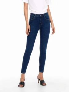 Women's high waist skinny stretch denim jeans in dark blue color with five pockets
