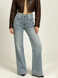 Jeans donna a vita alta gamba larga celeste con tasche frontali e bottoni decorativi