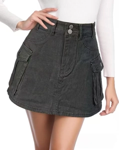 Detail of dark grey cargo denim skirt featuring high waist double button and utility pockets