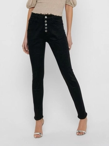 Detail of high-waisted black skinny jeans featuring a five-button metal fly closure