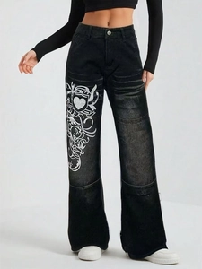 Jeans en Denim Délavé Vintage pour Femmes Avec Imprimé Totem Cœur Taille Haute Jambe Large Streetwear Y2K Pantalon Droit Ample Décontracté
