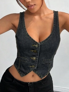Women's dark grey denim vest with deep V-neck, contrast stitching and metal buttons