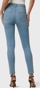 Rear view of slim fit high waist light blue stretch denim jeans for women