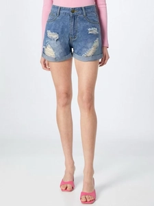 Short en jean bleu clair délavé pour femme avec revers fixes et taille haute mode
