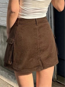 Macro shot of brown cargo mini skirt back showing functional flap pockets and seam details