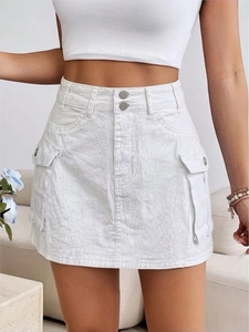 White high-waisted denim mini skirt with double-button waist and cargo flap pockets