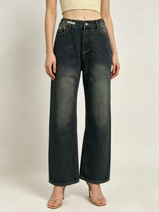 Vintage dark gray high waisted wide leg denim jeans with retro washed finish for women