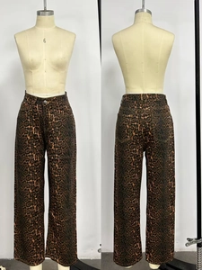 Detailed front and back view of American vintage leopard print wide leg denim pants