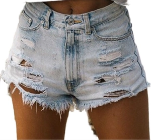 Detailed close-up of light blue high-waisted denim shorts with ripped and frayed hem details