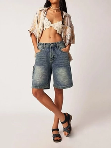 Short Cargo en Jean Taille Haute Rétro pour Femmes Lavage Délavé Coupe Droite Large Streetwear Bermuda Décontracté