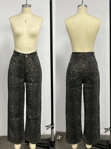 Detailed front and back view of retro leopard print high waist wide leg denim trousers