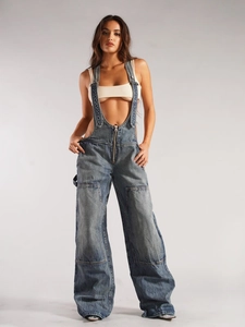 Combinaison Salopette en Denim Délavé pour Femme Sexy Col en V Profond Jambes Larges Coton Streetwear Mode Casual Outfits Zip
