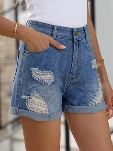 Short en jean taille haute pour femme bleu délavé avec déchirures et ourlets repliés