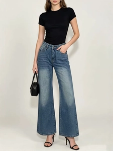 Jeans Vintage con Stampa Fiocco da Donna Vita Alta Gamba Larga Pantaloni in Denim Larghi Dritti Casual Lavati Moda Retrò Pantaloni Lunghi