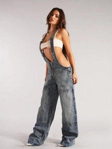 Salopette en jean sans manches à col en V profond bleu vintage et jambe large