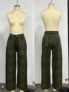 Front and back view of retro leopard print high waist wide leg denim trousers