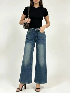 Jeans a gamba larga a vita alta da donna con stampa a farfalla e lavaggio denim blu scuro vintage