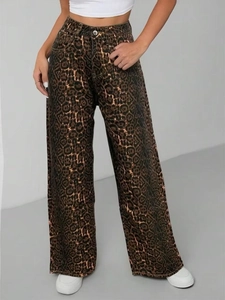 Detailed view of high-waisted wide-leg leopard print denim jeans for women