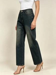 Vintage high waist straight leg jeans in deep blue green wash for a retro fashion look