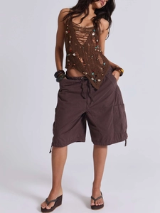 Pantaloncini cargo in denim da donna con coulisse e grandi tasche in stile casual boho