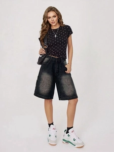 Short bermuda en jean gris délavé à taille haute pour femmes au style rétro