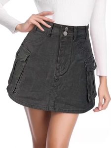 Charcoal grey high-waisted denim cargo mini skirt with large flap pockets and dual buttons