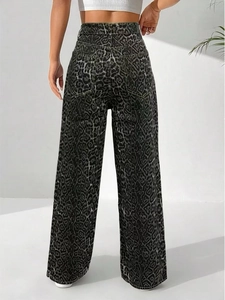 Rear view of high-waisted wide-leg denim trousers featuring dark grey leopard animal print