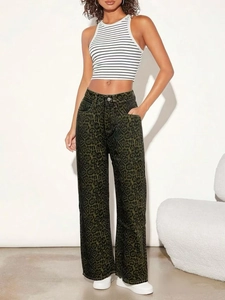 Women's Leopard Print High Waisted Wide Leg Jeans Casual Straight Denim Pants Streetwear Animal Pattern Trousers
