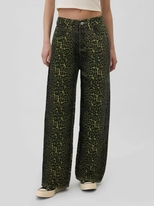 Women's high-waisted wide-leg denim trousers featuring green and black leopard animal print