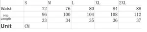 Size chart for white high-waist denim shorts showing waist and hip measurements in cm