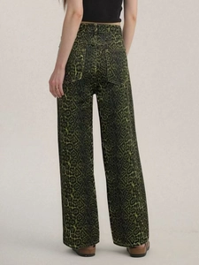 Women high waisted wide leg straight leopard print denim trousers in green and black