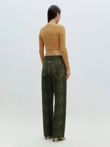 Rear view of trendy leopard print wide-leg jeans with green and black animal pattern