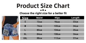 Size chart for women's distressed denim shorts with waist, hips, and length measurements