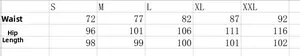 Detailed size chart for ripped slim fit jeans showing waist, hip, and length measurements