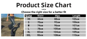 Size chart for high waist flare jeans with waist, hips, and length measurements in cm