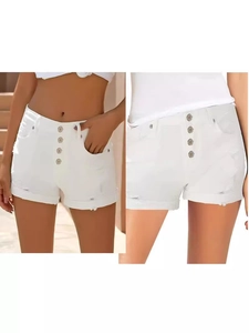 Women's high waist white denim shorts with four buttons and distressed rolled cuffs