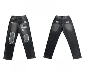 Detailed front and back view of distressed dark grey slim fit high waist ripped jeans