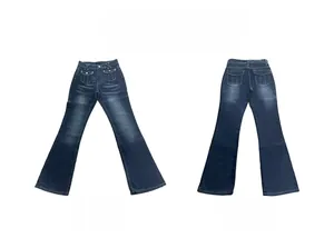 Detailed front and back view of dark blue flare jeans with vintage wash and multi-pockets